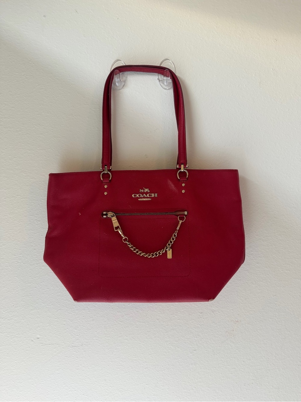 Coach Cherry Red Leather Tote with Gold Chain Detail